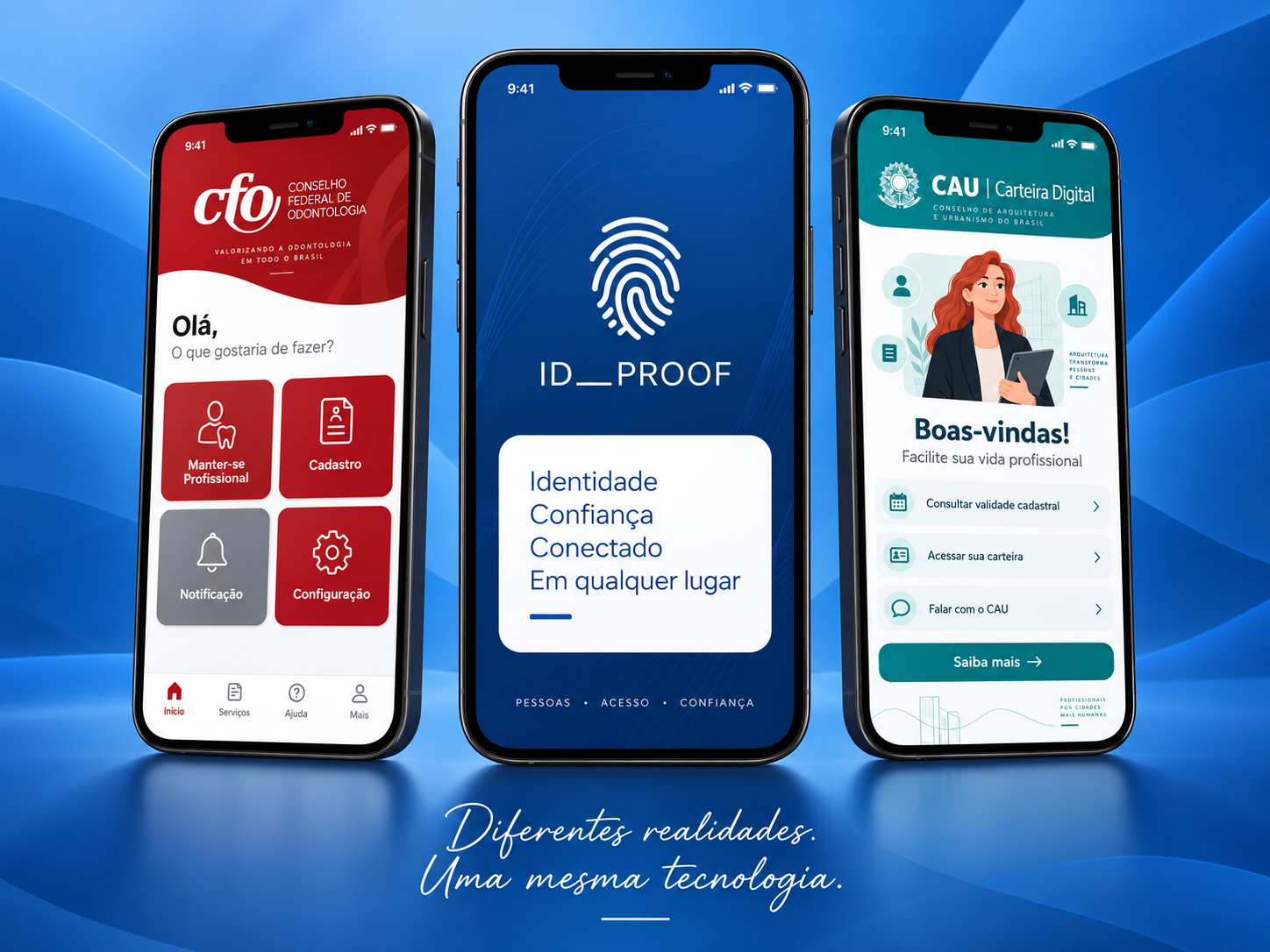 Aplicações ID Proof, CFO ID e CAU Carteira Digital apresentadas em celulares
